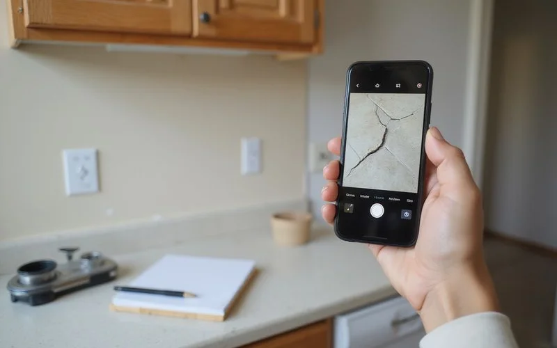 A homeowner and contractor documenting damage to a wall during a kitchen remodel