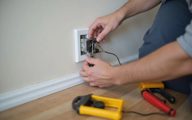 An electrician installing a GFCI outlet near a kitchen countertop during a remodel