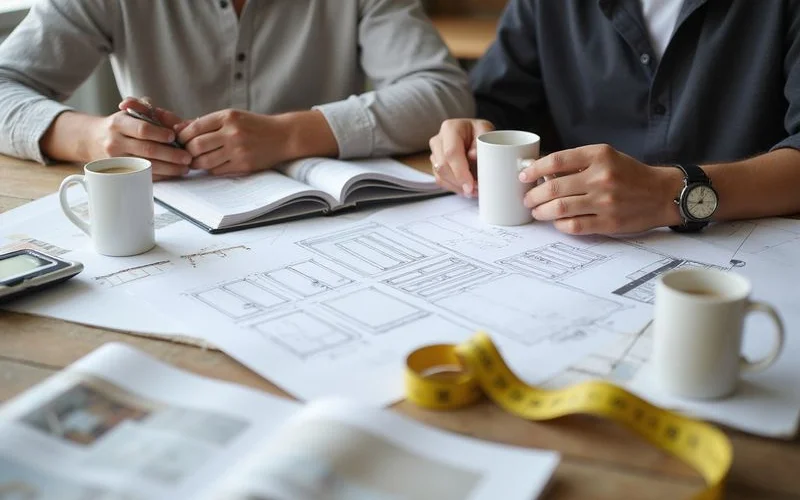 A homeowner reviewing kitchen design plans and material samples with a contractor for their first remodel