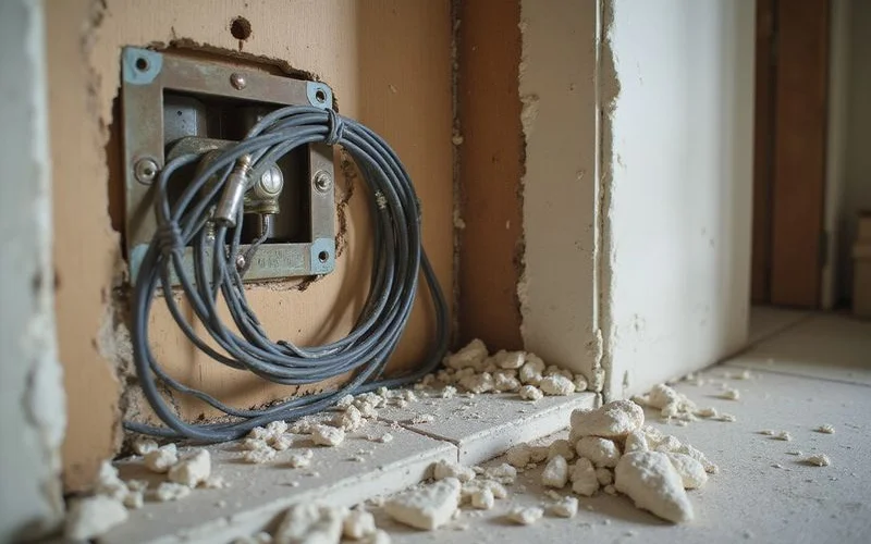 An older kitchen mid-demolition revealing original wiring and plumbing behind removed cabinets